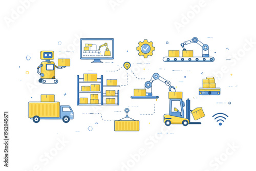 Warehouse automation and logistics technology with robots and conveyor systems.