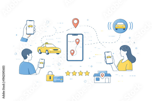 Ride sharing app concept with young caucasian male and female using smartphones.