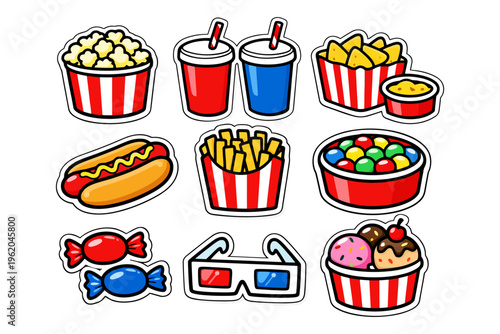 Colorful cinema snacks and treats with popcorn, drinks, and candy.