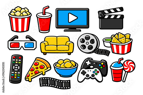 Colorful movie night icons: popcorn, drinks, couch, remote, pizza, game controllers.