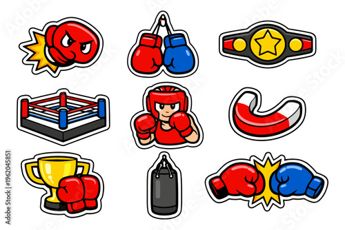 Colorful boxing and wrestling icons with gloves, ring, trophy, athlete, belt, and punching bag.