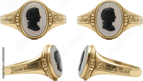 "Antique gold cameo ring with black silhouette, vintage Victorian jewelry design, classical head profile, ornate band craftsmanship, elegant collectible heirloom"