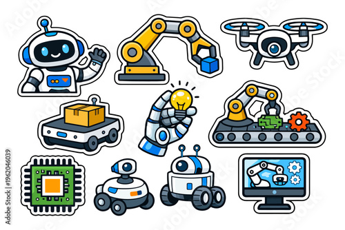 Cartoon robotics stickers: robots, ai, drones, conveyor, chip, arm, technology.