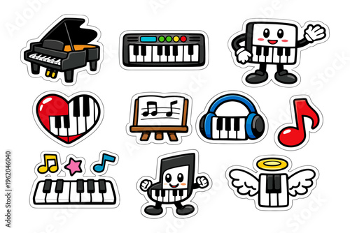 Cartoon musical instrument characters with piano keys and notes.
