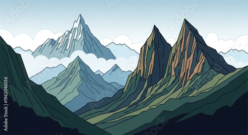Majestic Mountain Peaks - A Serene Landscape Illustration.