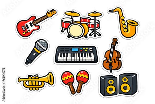 Colorful musical instrument stickers featuring guitar, drums, saxophone, trumpet, microphone, and keyboard.