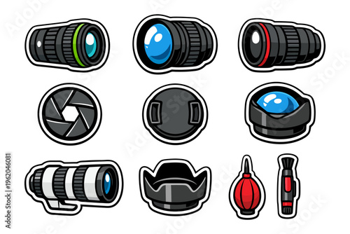 Photography equipment: camera lenses and accessories collection.