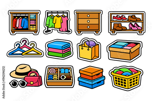 Colorful icons of organized closet with clothes, shoes, boxes, and accessories.