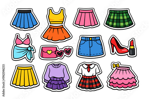 Colorful cartoon fashion stickers set with skirts makeup and accessories.