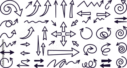 Collection of various arrows and directional symbols in black on white background