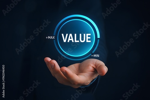 Business hand presenting glowing value icon, symbolizing brand worth, pricing strategy, customer benefits, and competitive positioning