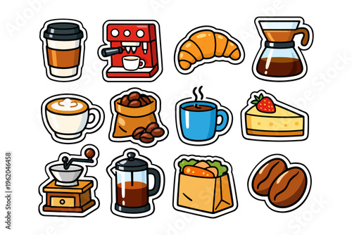 Colorful coffee and pastry icons featuring espresso, drip coffee, and cake.