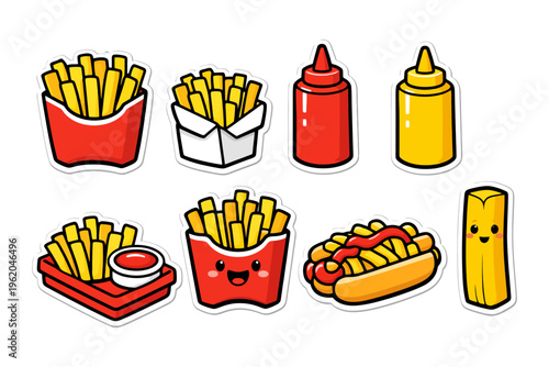 Cute cartoon french fries with ketchup and mustard stickers.
