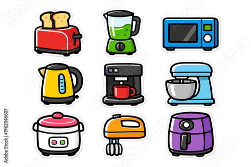 Colorful cartoon kitchen appliances collection with toaster blender microwave.
