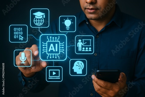 Man is pointing at a central glowing holographic ai chip surrounded by various interconnected artificial intelligence and machine learning related icons, representing advanced technology.
