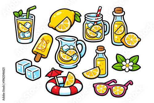 Colorful lemon-themed summer drinks and accessories collection.