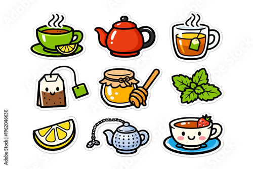 Cartoon tea collection: cups, teapots, honey, mint, and lemon.