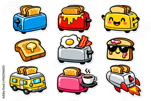 Cute cartoon toaster stickers with toast and breakfast themes.