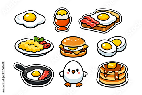 Cartoon breakfast icons featuring eggs, pancakes, and burger.