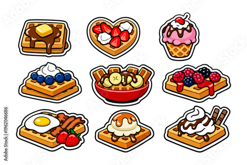 Assorted waffle stickers featuring toppings like fruit ice cream and syrup.