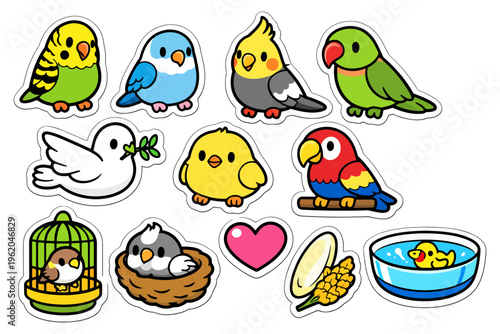Colorful cartoon birds and pets collection with heart and flower.