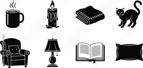 Cozy home silhouettes illustration, comfort icons, mug candle blanket cat, armchair lamp book pillow, black and white artwork design