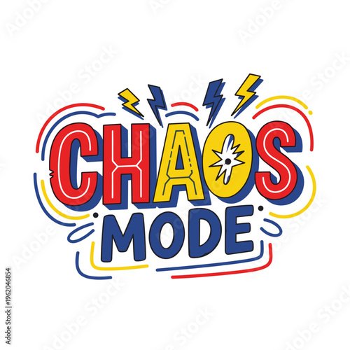 Chaos Mode colorful typography design with lightning bolts and starburst.