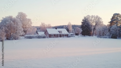 Snow-covered landscape with cozy cottage, surrounded by frosty trees under pastel sky at dawn