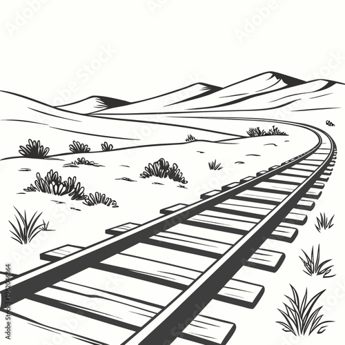Black and white illustration of a railroad track curving through a desert landscape with mountains in the background
