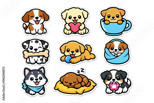 Cute cartoon puppies in various poses with accessories.