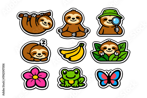 Cute cartoon sloth and jungle animal stickers with flowers and fruits.