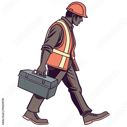A construction worker wearing an orange safety vest and hard hat walks while carrying a toolbox