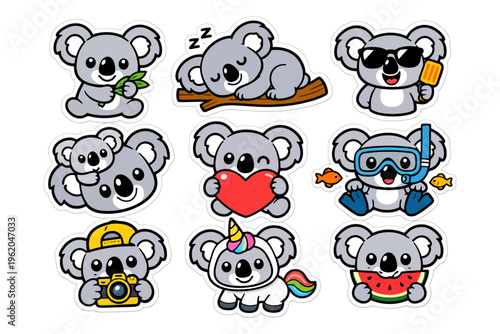 Cute cartoon koala stickers in various fun activities.