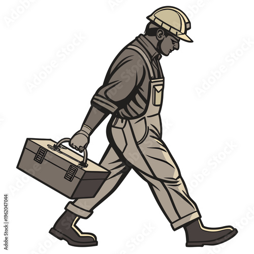 A construction worker in a hard hat and overalls walking with a toolbox in hand