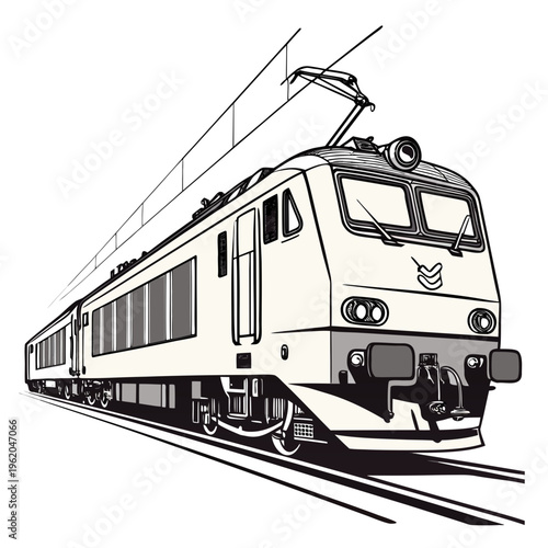 Black and white illustration of a train on tracks with overhead wires