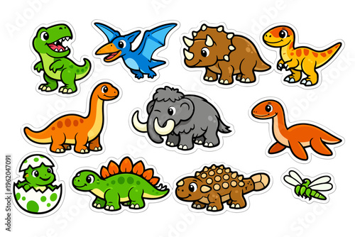 Cute cartoon dinosaurs and mammoth stickers for kids' fun learning.