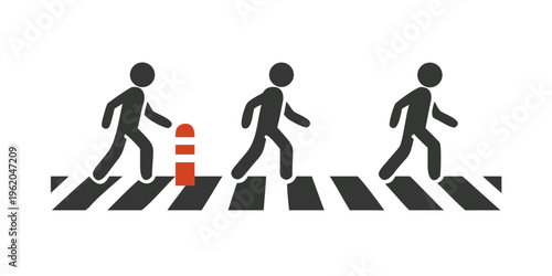 Pedestrians crossing with caution sign on a striped background
