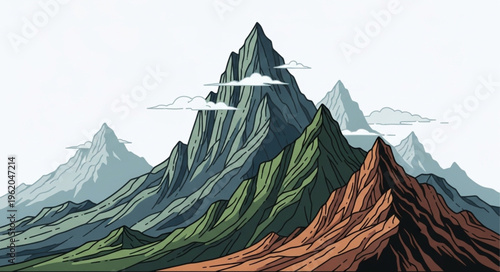 Majestic Mountain Range with Varied Terrain and Cloud Accents.