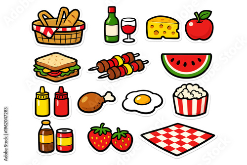 Picnic essentials: sandwiches, fruits, and snacks with beverages, cheese, and red gingham blanket.