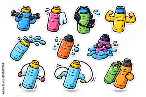 Colorful water bottle characters with fitness and fun accessories.