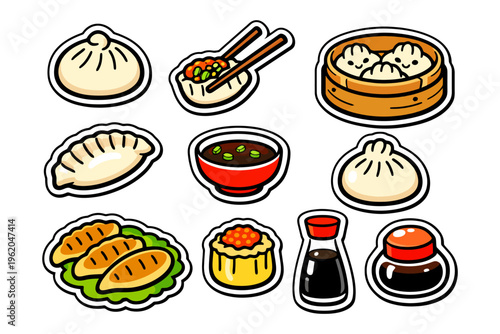 Colorful assortment of asian dim sum and dumplings icons.
