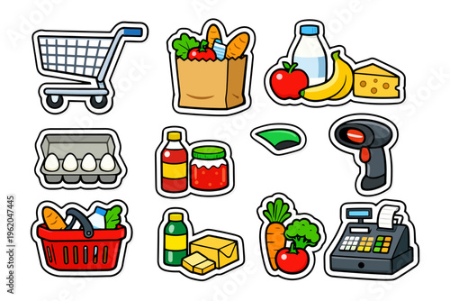 Cartoon grocery shopping items with cart, basket, scanner, and food icons.