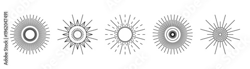 Boho sun icon set. Abstract linear design elements, contemporary minimal symbols for print, cards, tattoo. Modern vector illustration