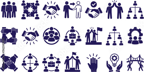 Collection of business and teamwork related icons in blue silhouette style