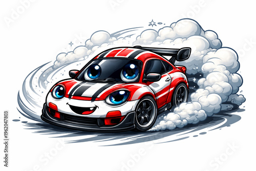 drifting with a grin, smiling drift driver, fun drift car illustration, playful street racing vibe, happy driver drifting, jdm drift culture, tire smoke action, high speed cornering, neon night drift 