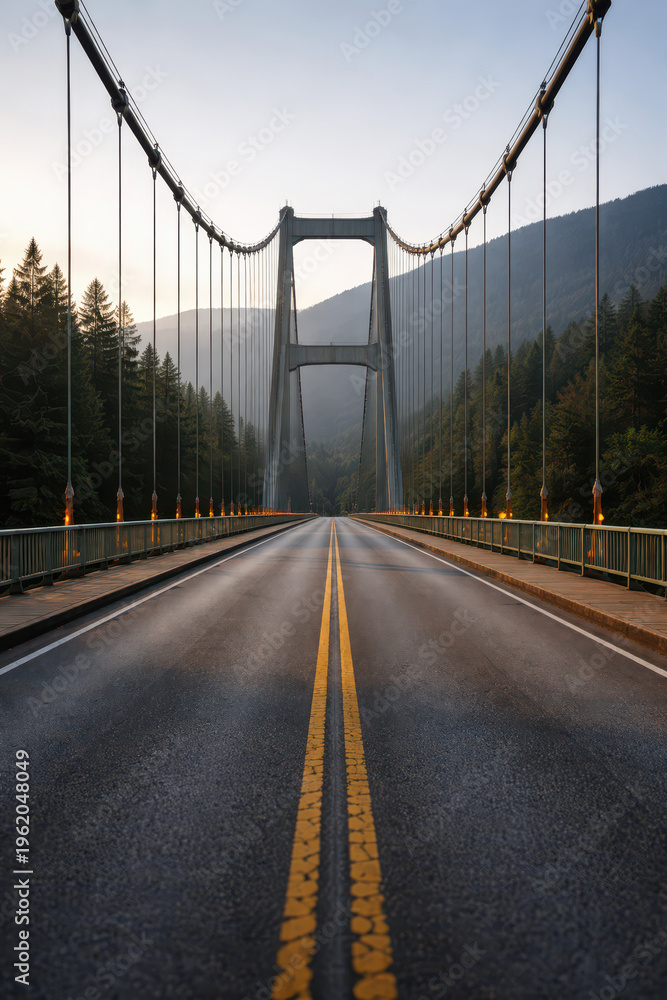 Obraz premium A scenic view of a suspension bridge surrounded by mountains and trees.