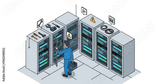 IT Technician Working on Server Racks in Data Center.