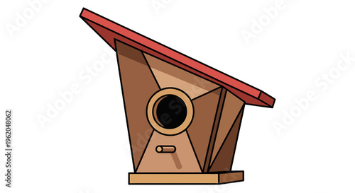 Brown birdhouse with red roof bird feeder and perch on white background for wildlife conservation and bird watching