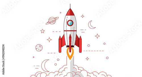 Colorful illustration of a rocket launching into space with stars and planets