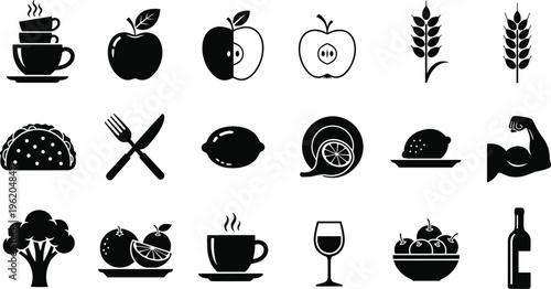 Food nutrition silhouettes illustration, healthy eating icons, fruits vegetables drinks, strength symbol, black and white art, dietary lifestyle design